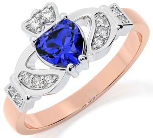 Diamond Sapphire Rose Gold Silver Claddagh Ring