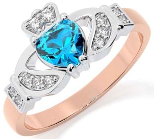 Diamond Topaz Rose Gold Silver Claddagh Ring