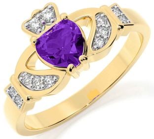 Diamond Amethyst Gold Silver Claddagh Ring