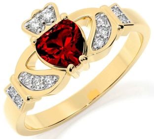 Diamond Garnet Gold Silver Claddagh Ring