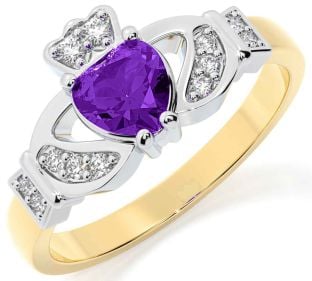 Diamond Amethyst Gold Silver Claddagh Ring