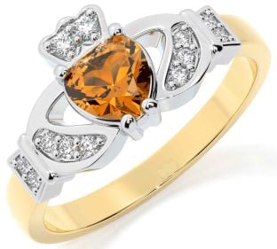 Diamond Citrine Gold Silver Claddagh Ring