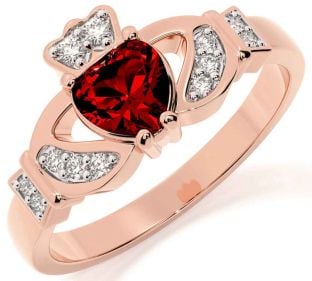 Diamond Garnet Rose Gold Claddagh Ring