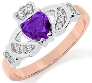 Diamond Amethyst White Rose Gold Claddagh Ring