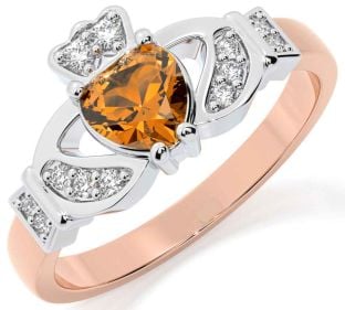 Diamond Citrine White Rose Gold Claddagh Ring