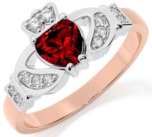 Diamond Garnet White Rose Gold Claddagh Ring