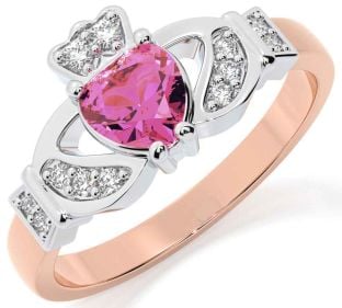 Diamond Pink Tourmaline White Rose Gold Claddagh Ring