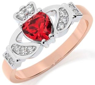 Diamond Ruby White Rose Gold Claddagh Ring