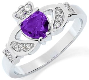 Diamond Amethyst Silver Claddagh Ring