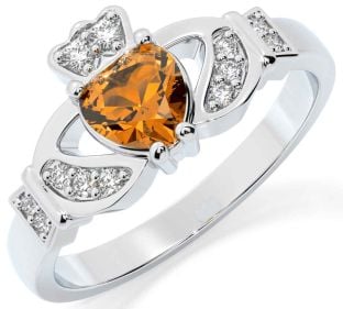 Diamond Citrine Silver Claddagh Ring