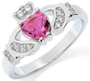 Diamond Pink Tourmaline Silver Claddagh Ring