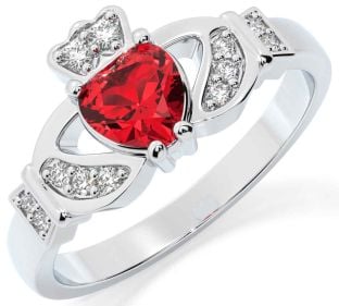 Diamond Ruby Silver Claddagh Ring