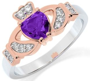 Diamond Amethyst Rose Gold Silver Claddagh Ring