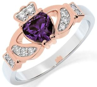 Diamante Alexandrite Rosa Ouro Prata Claddagh Anel