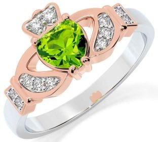 Diamond Peridot Rose Gold Silver Claddagh Ring