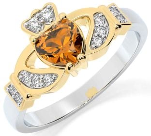 Diamond Citrine Gold Silver Claddagh Ring