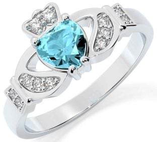 Diamond Aquamarine White Gold Claddagh Ring