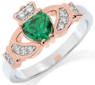 Diamond Emerald White Rose Gold Claddagh Ring