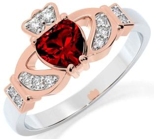 Diamond Garnet White Rose Gold Claddagh Ring