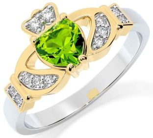 Diamond Peridot White Yellow Gold Claddagh Ring