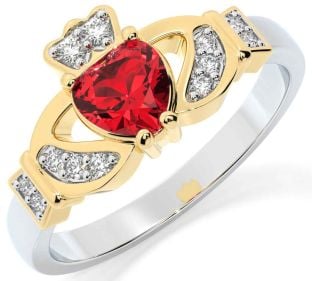 Diamond Ruby White Yellow Gold Claddagh Ring