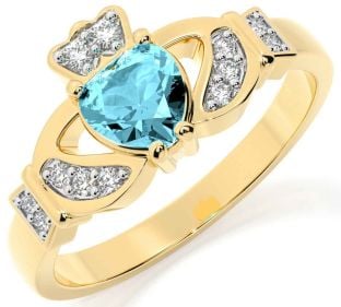 Diamond Aquamarine Gold Claddagh Ring