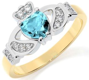 Diamond Aquamarine White Yellow Gold Claddagh Ring