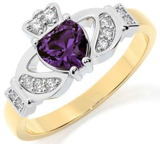 Diamond Alexandrite White Yellow Gold Claddagh Ring