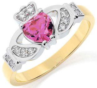 Diamond Pink Tourmaline White Yellow Gold Claddagh Ring