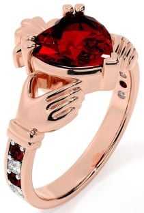 Diamond Garnet Rose Gold Silver Claddagh Ring