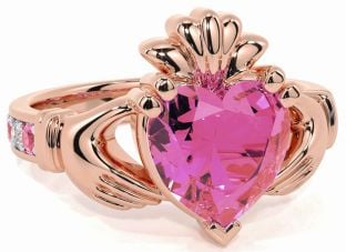 Diamond Pink Tourmaline Rose Gold Silver Claddagh Ring
