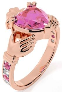 Diamond Pink Tourmaline Rose Gold Silver Claddagh Ring