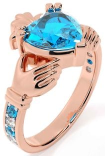 Diamond Topaz Rose Gold Silver Claddagh Ring
