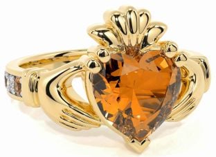 Diamond Citrine Gold Silver Claddagh Ring