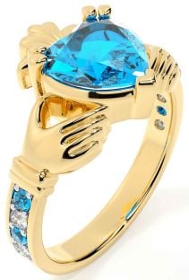 Diamond Topaz Gold Silver Claddagh Ring