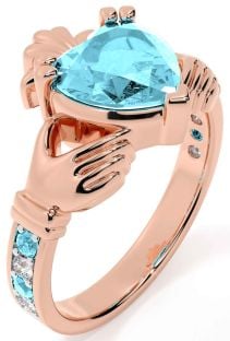 Diamond Aquamarine Rose Gold Claddagh Ring