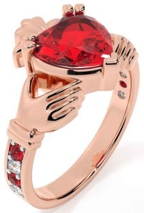 Diamond Ruby Rose Gold Claddagh Ring