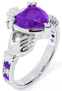 Diamond Amethyst Silver Claddagh Ring