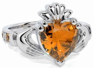 Diamond Citrine Silver Claddagh Ring