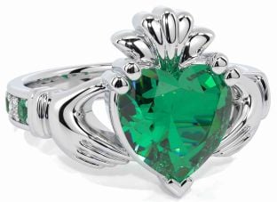 Diamond Emerald Silver Claddagh Ring