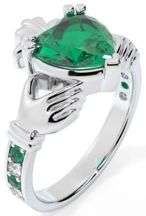 Diamond Emerald Silver Claddagh Ring
