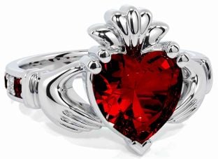 Diamond Garnet Silver Claddagh Ring