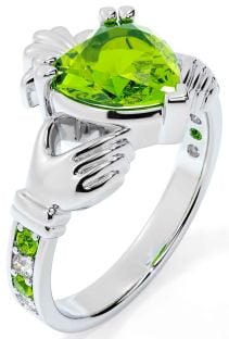 Diamond Peridot Silver Claddagh Ring