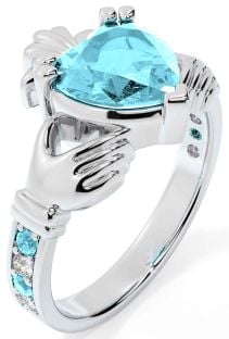 Diamond Aquamarine White Gold Claddagh Ring