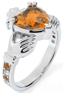 Diamond Citrine White Gold Claddagh Ring
