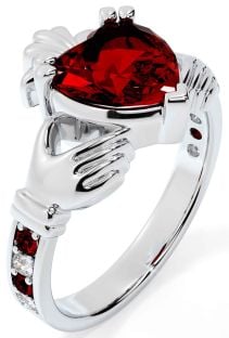 Diamond Garnet White Gold Claddagh Ring