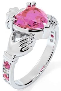 Diamond Pink Tourmaline White Gold Claddagh Ring