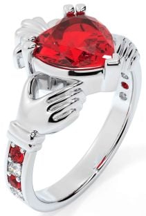 Diamond Ruby White Gold Claddagh Ring