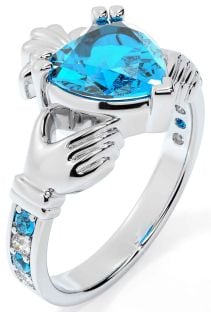 Diamond Topaz White Gold Claddagh Ring