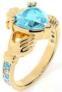Diamond Aquamarine Gold Claddagh Ring